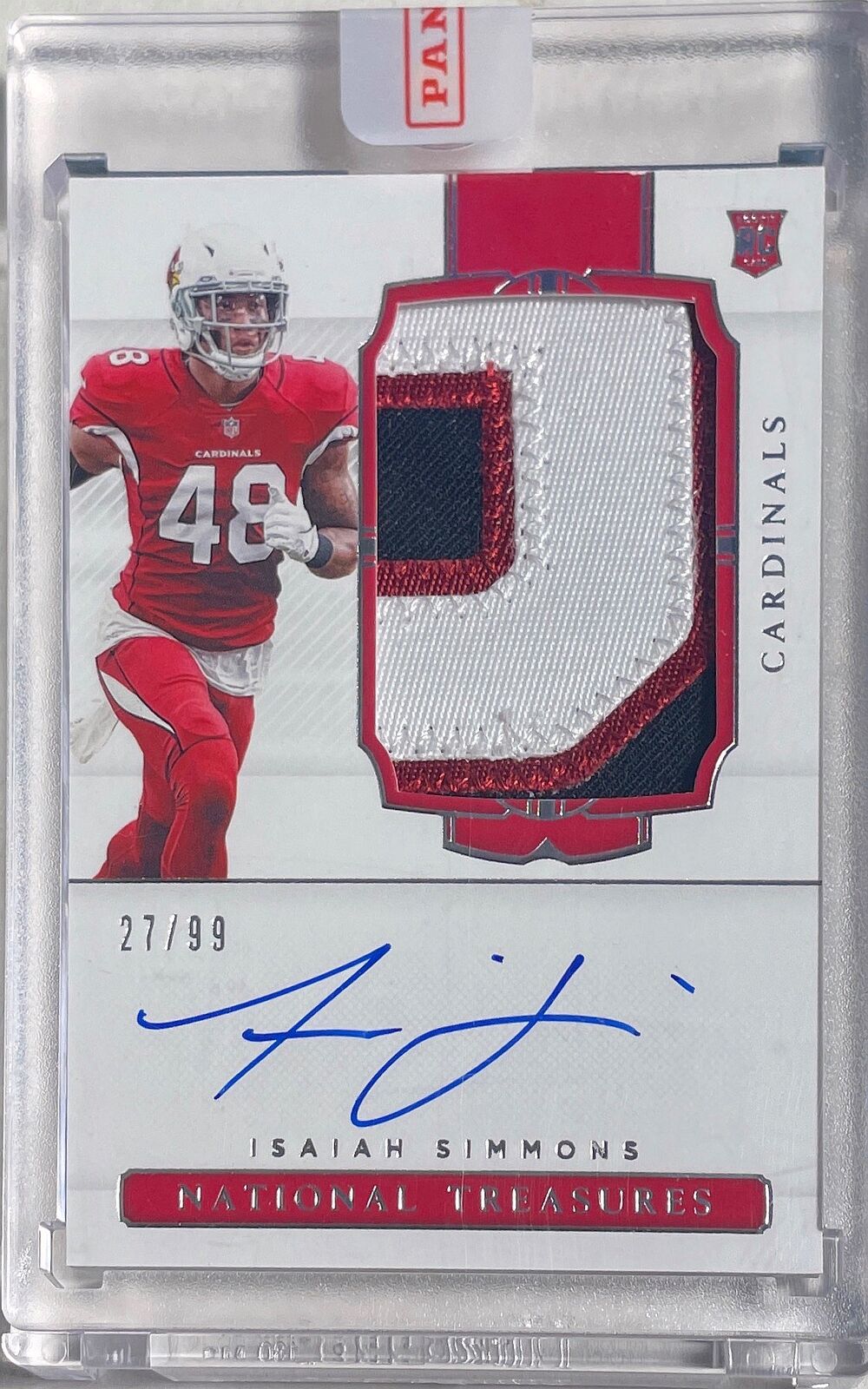 ISAIAH SIMMONS 2020 NATIONAL TREASURES 3 COLOR PATCH ON CARD AUTO RC #D 27/99
