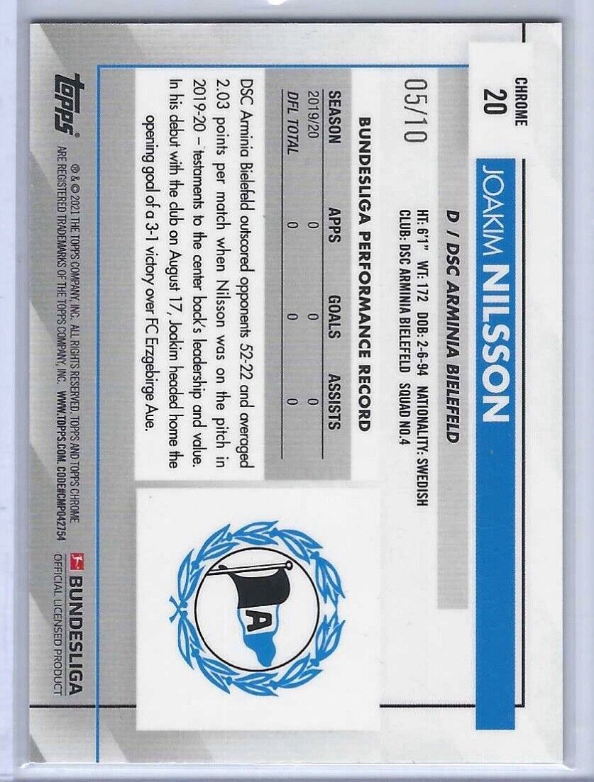 JOAKIM NILSSON 2020-21 TOPPS CHROME BUNDESLIGA RED REFRACTOR #D 05/10