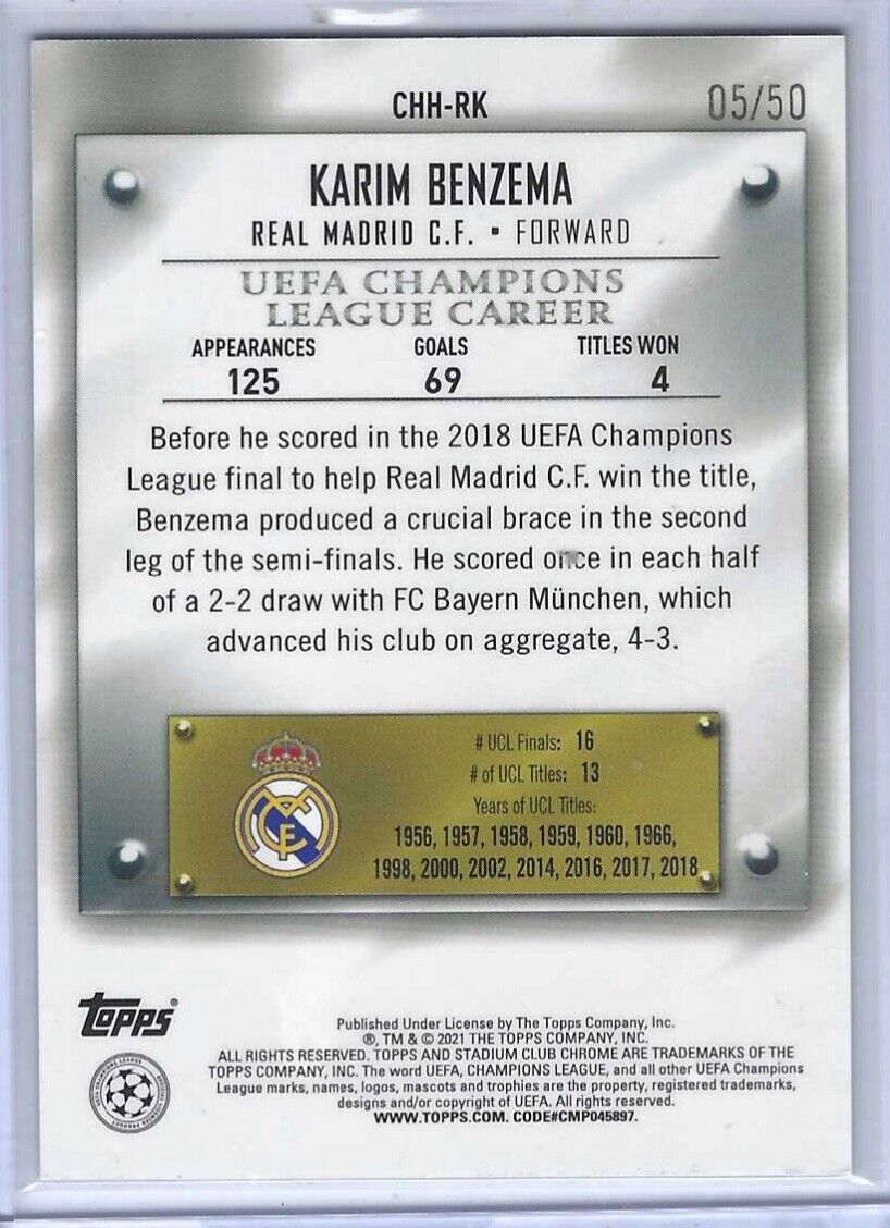 KARIM BENZEMA 2020-21 STADIUM CLUB CHROME CUP HOLDERS HONOUR GOLD REFRACTOR /50