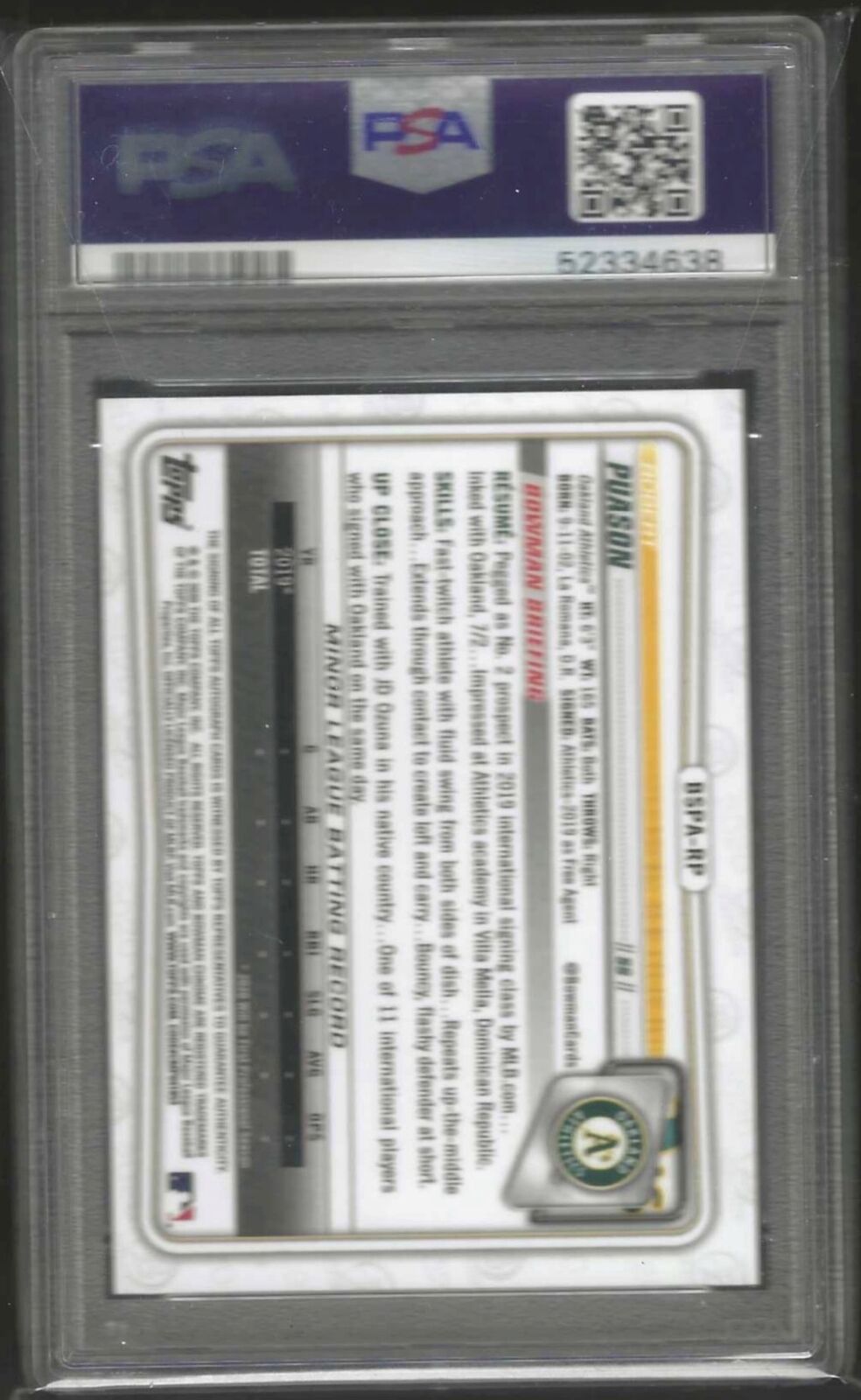 ROBERT PUASON 2020 BOWMAN CHROME 1ST SAPPHIRE GREEN REFRACTOR AUTO /50 PSA 9