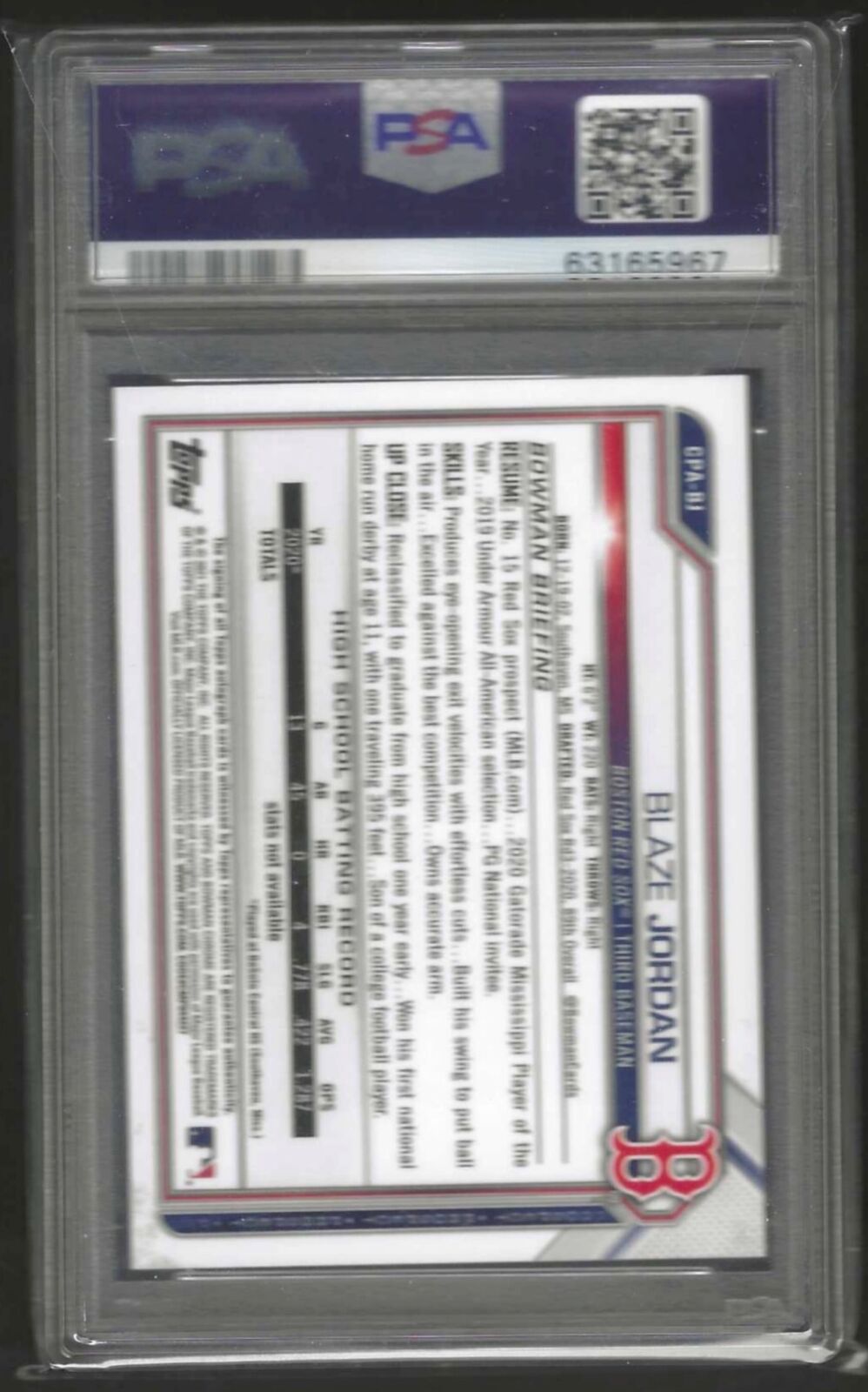 BLAZE JORDAN 2021 BOWMAN CHROME SPECKLE REFRACTOR 1ST PROSPECT AUTO /299 PSA 9