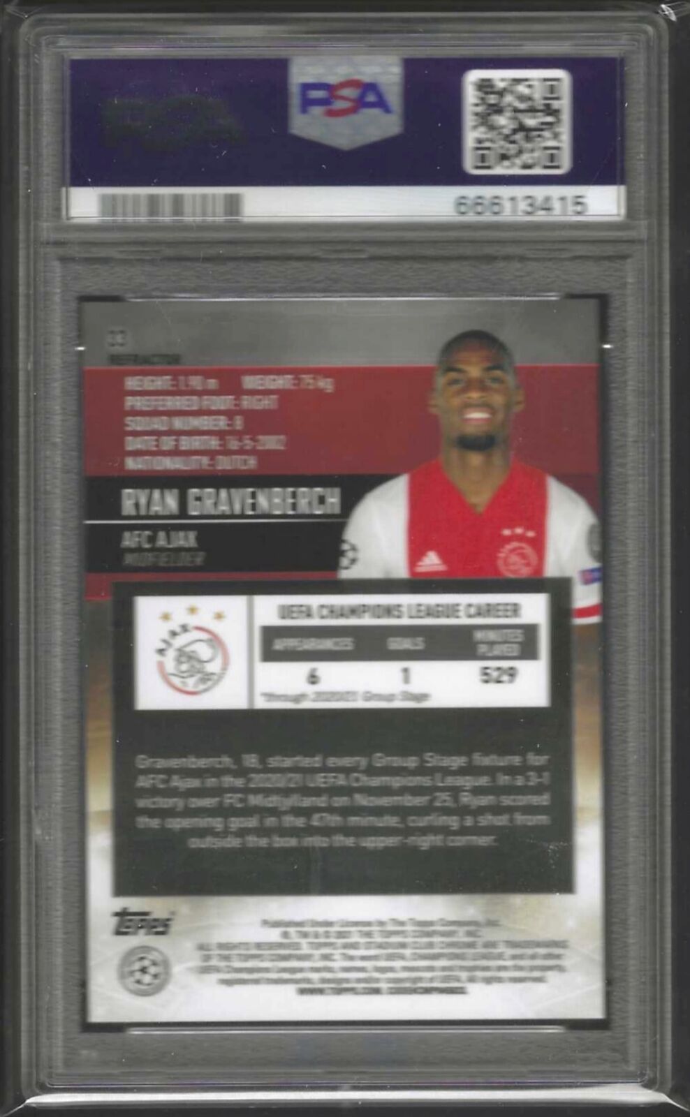 RYAN GRAVENBERCH 2020-21 STADIUM CLUB CHROME REFRACTOR RC #33 PSA 10 GEM POP 9