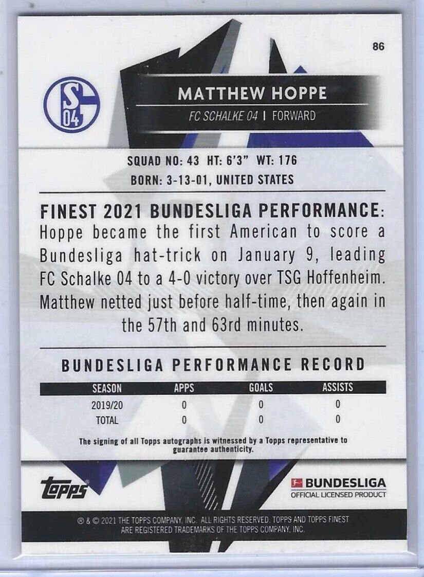 MATTHEW HOPPE 2020-21 TOPPS FINEST BUNDESLIGA REFRACTOR ROOKIE AUTO RC #86