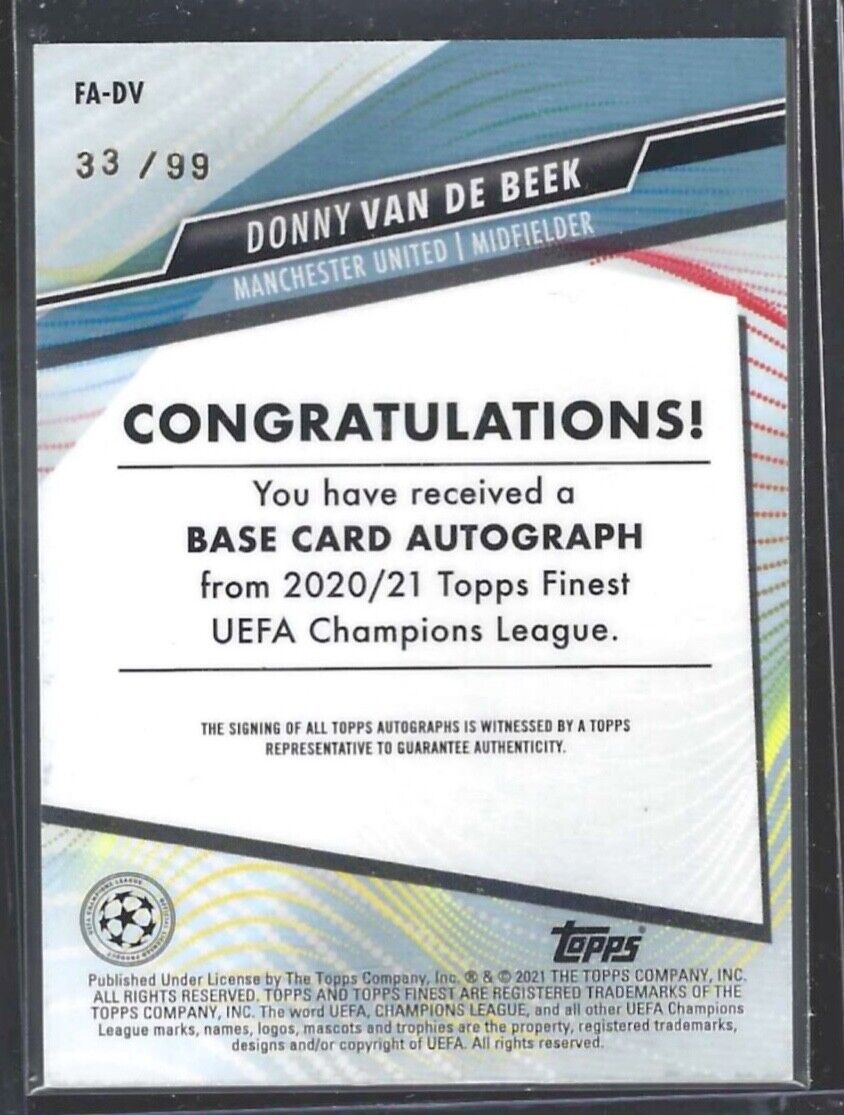 DONNY VAN DE BEEK 2020-21 TOPPS FINEST UCL GREEN REFRACTOR AUTO #D 33/99