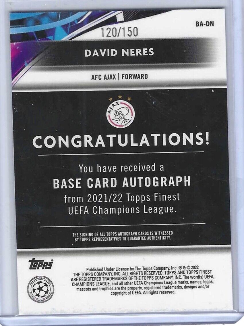 DAVID NERES 2021-22 TOPPS FINEST UCL BLUE REFRACTOR AUTO #D 120/150