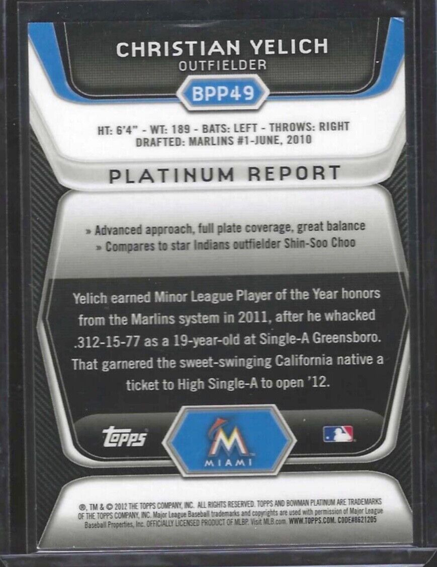 CHRISTIAN YELICH 2012 BOWMAN PLATINUM GOLD REFRACTOR PROSPECT #D 45/50