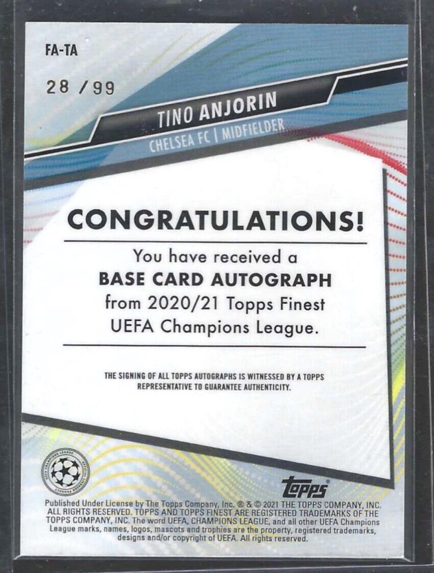 TINO ANJORIN 2020-21 TOPPS FINEST GREEN WAVE REFRACTOR ROOKIE AUTO RC #D 28/99
