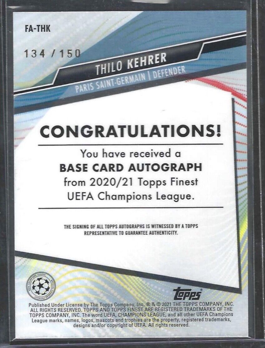 THILO KEHRER 2020-21 TOPPS FINEST UCL BLUE REFRACTOR AUTO #D 134/150