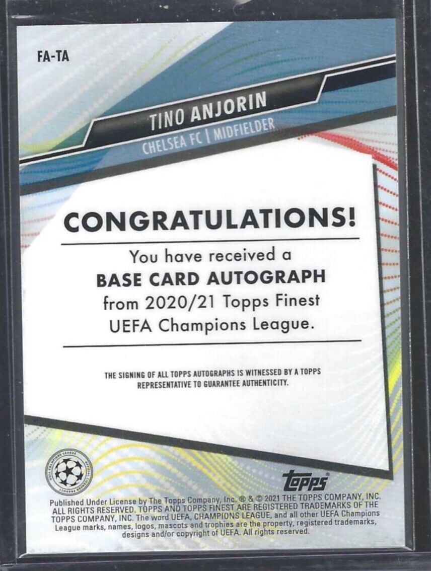 TINO ANJORIN 2020-21 TOPPS FINEST UCL SILVER REFRACTOR ROOKIE AUTO RC #FA-TA