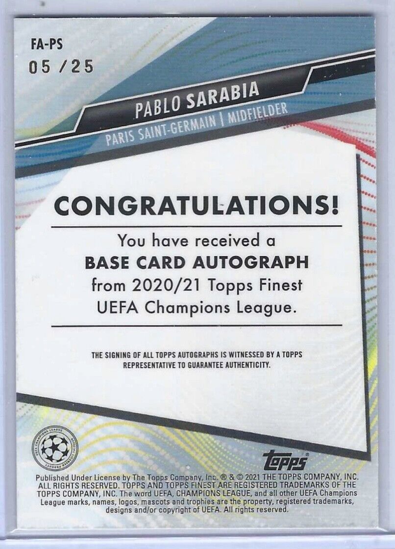 PABLO SARABIA 2020-21 TOPPS FINEST UCL ORANGE REFRACTOR AUTO #D 05/25