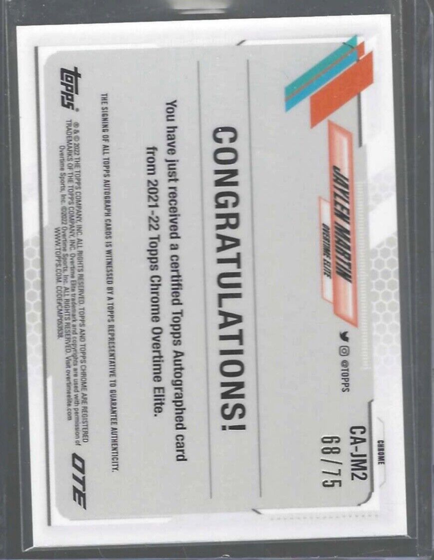 JAYLEN MARTIN 2021-22 TOPPS CHROME OVERTIME ELITE GREEN REFRACTOR AUTO RC #D /75