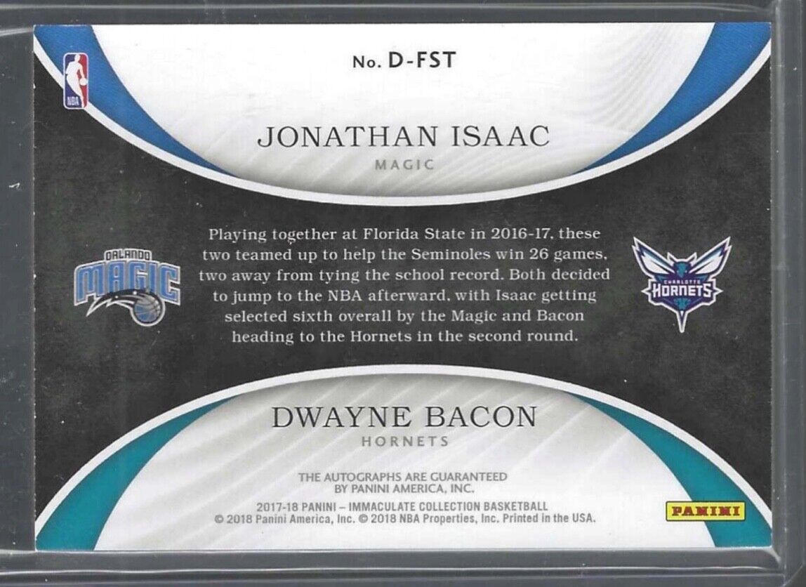 JONATHAN ISAAC DWAYNE BACON 2017-18 PANINI IMMACULATE ROOKIE DUAL AUTO RC #D /49