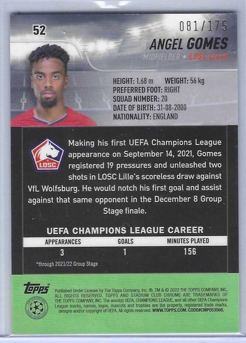 ANGEL GOMES 2021-22 STADIUM CLUB CHROME NIGHT VISION REFRACTOR RC #D 081/175