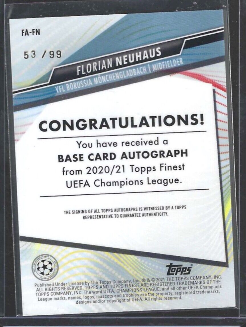 FLORIAN NEUHAUS 2020-21 TOPPS FINEST UCL GREEN WAVE REFRACTOR AUTO #D 53/99