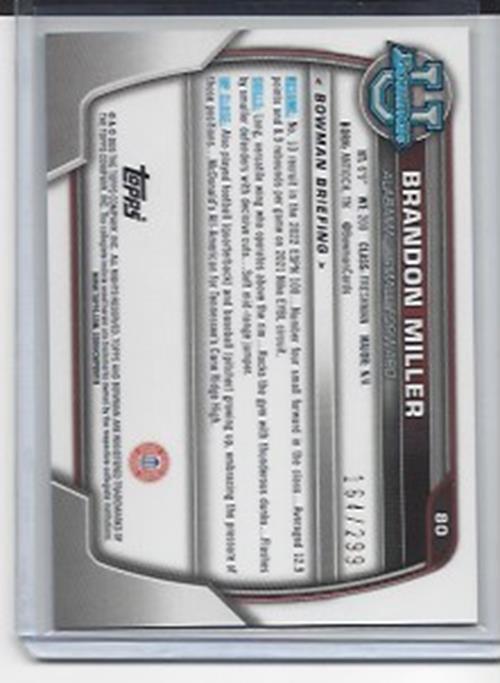 BRANDON MILLER 2023 BOWMAN CHROME 1ST UNIVERSITY AQUA WAVE REFRACTOR RC #D /299