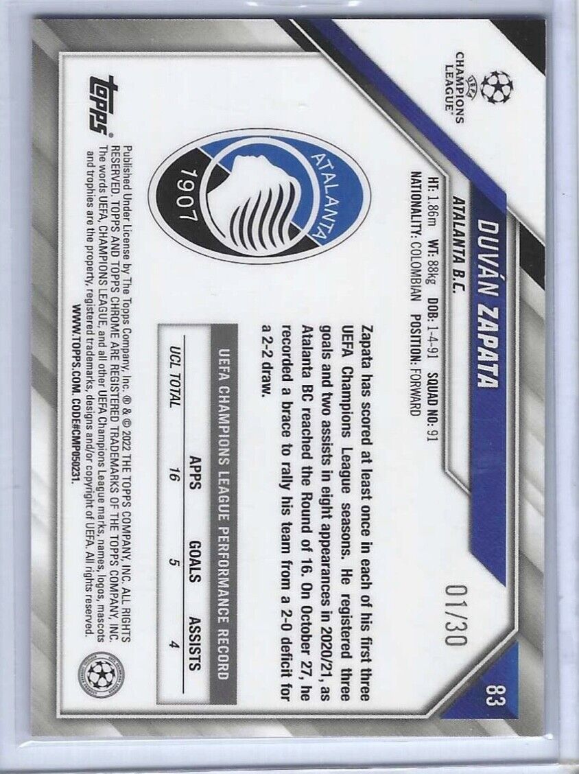 DUVAN ZAPATA 2021-22 TOPPS CHROME UCL BLACK GOLD STARBALL REFRACTOR #D 01/30