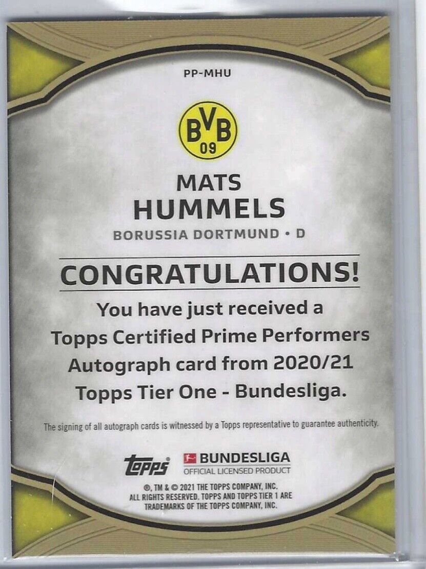MATS HUMMELS 2020-21 TOPPS TIER ONE BUNDESLIGA SILVER FOIL AUTO #D 033/125