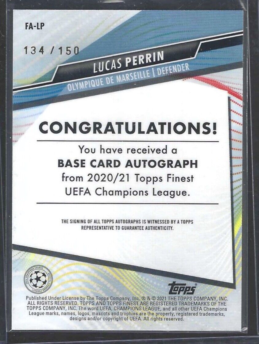 LUCAS PERRIN 2020-21 TOPPS FINEST UCL BLUE REFRACTOR ROOKIE AUTO RC #D /150