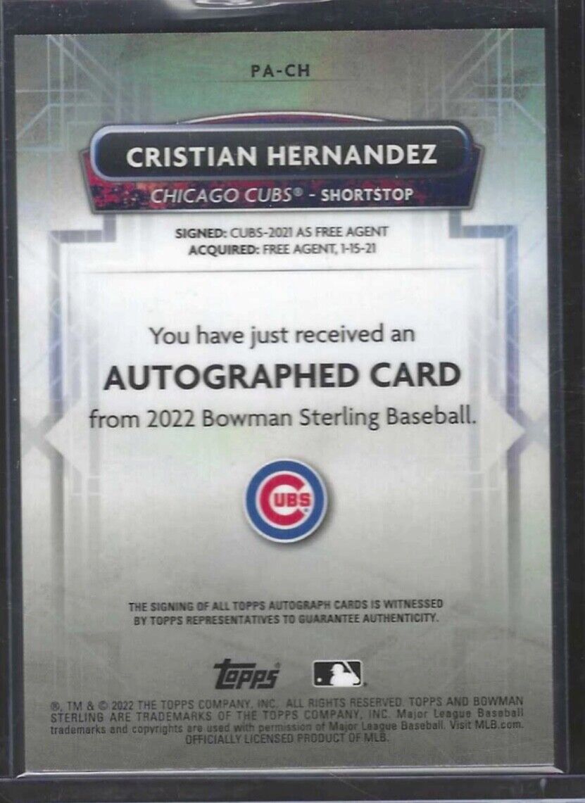 CRISTIAN HERNANDEZ 2022 BOWMAN STERLING ON CARD PROSPECT AUTO #PA-CH