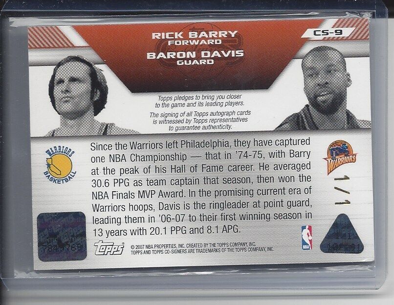 RICK BARRY BARON DAVIS 2007 TOPPS CO-SIGNERS DUAL AUTO MASTERPIECE TRUE #D 1/1