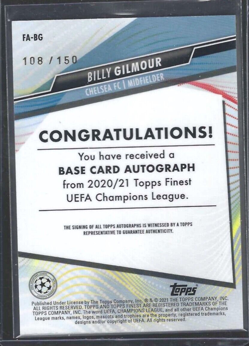 BILLY GILMOUR 2020-21 TOPPS FINEST UCL BLUE REFRACTOR ROOKIE AUTO RC #D 108/150