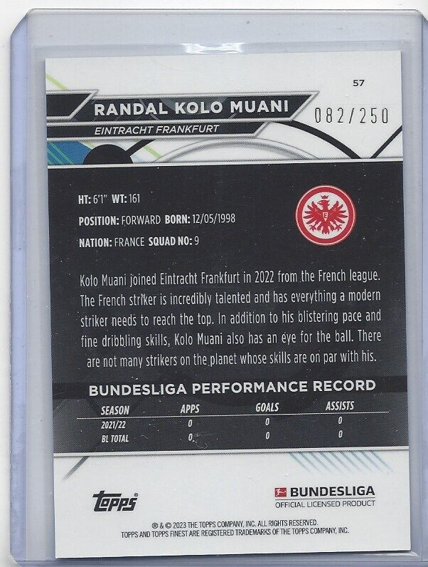 RANDAL KOLO MUANI 2022-23 TOPPS FINEST BUNDESLIGA PURPLE REFRACTOR RC #D 82/250