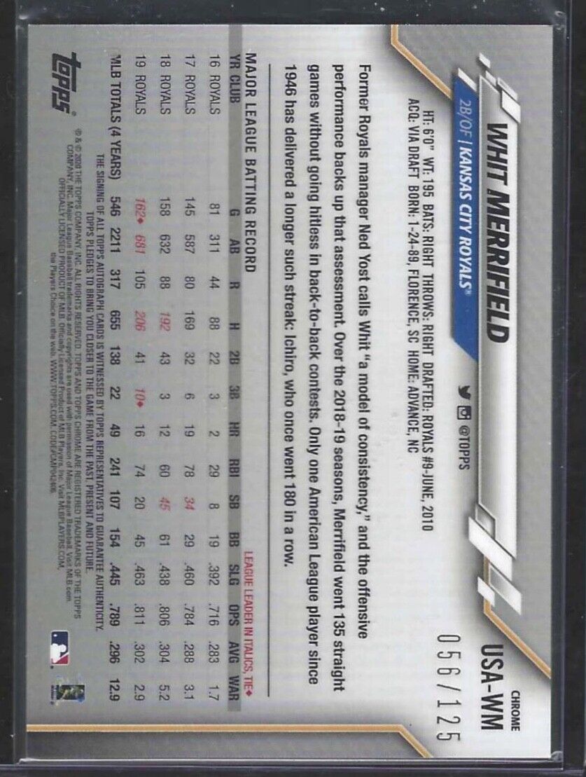 WHIT MERRIFIELD 2019 TOPPS CHROME PRISM REFRACTOR AUTO #D 056/125