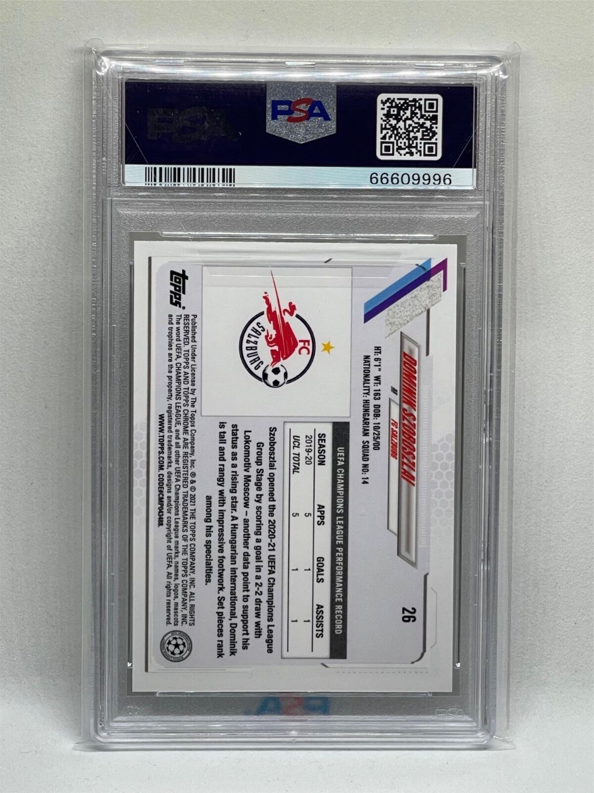 DOMINIK SZOBOSZLAI 2020 TOPPS CHROME UCL SPECKLE REFRACTOR RC #26 PSA 9 POP 3