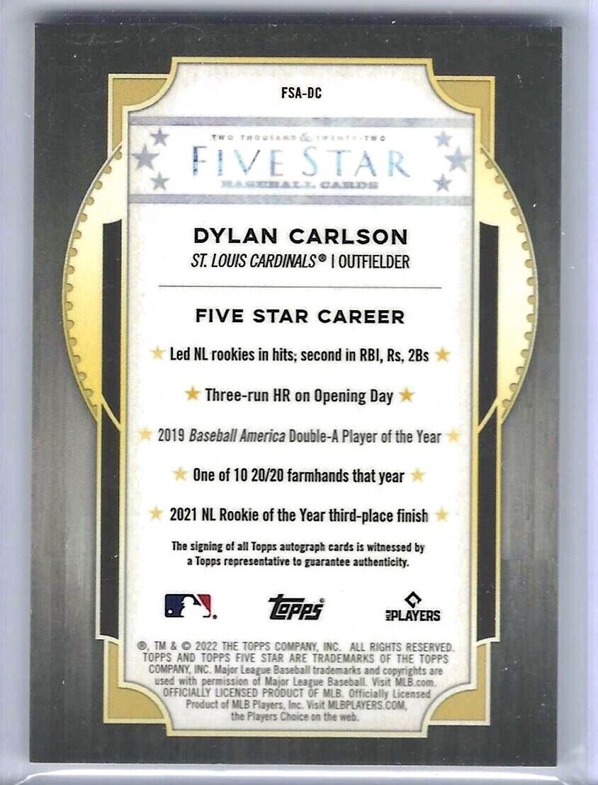 DYLAN CARLSON 2022 TOPPS FIVE STAR CAREER ON CARD AUTO #FSA-DC