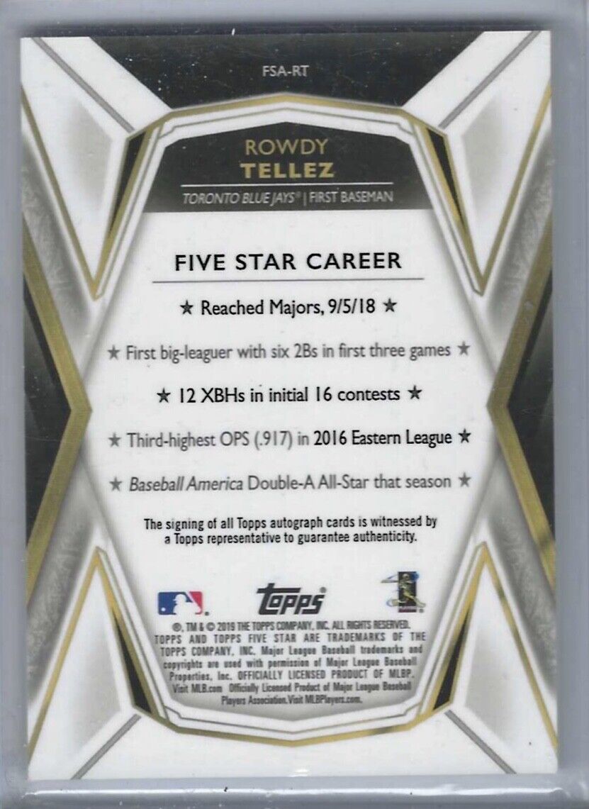 ROWDY TELLEZ 2019 TOPPS FIVE STAR GREEN ON CARD ROOKIE AUTO RC #D 14/15