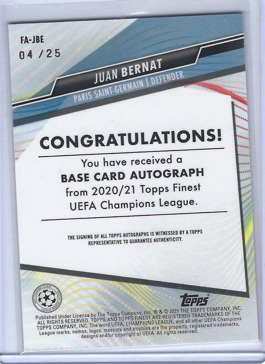 JUAN BERNAT 2020-21 TOPPS FINEST UCL ORANGE REFRACTOR AUTO #D 04/25
