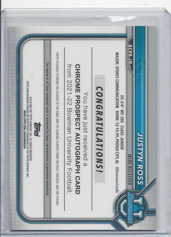 JUSTYN ROSS 2022 BOWMAN CHROME 1ST YELLOW REFRACTOR AUTO RC #D 1/75