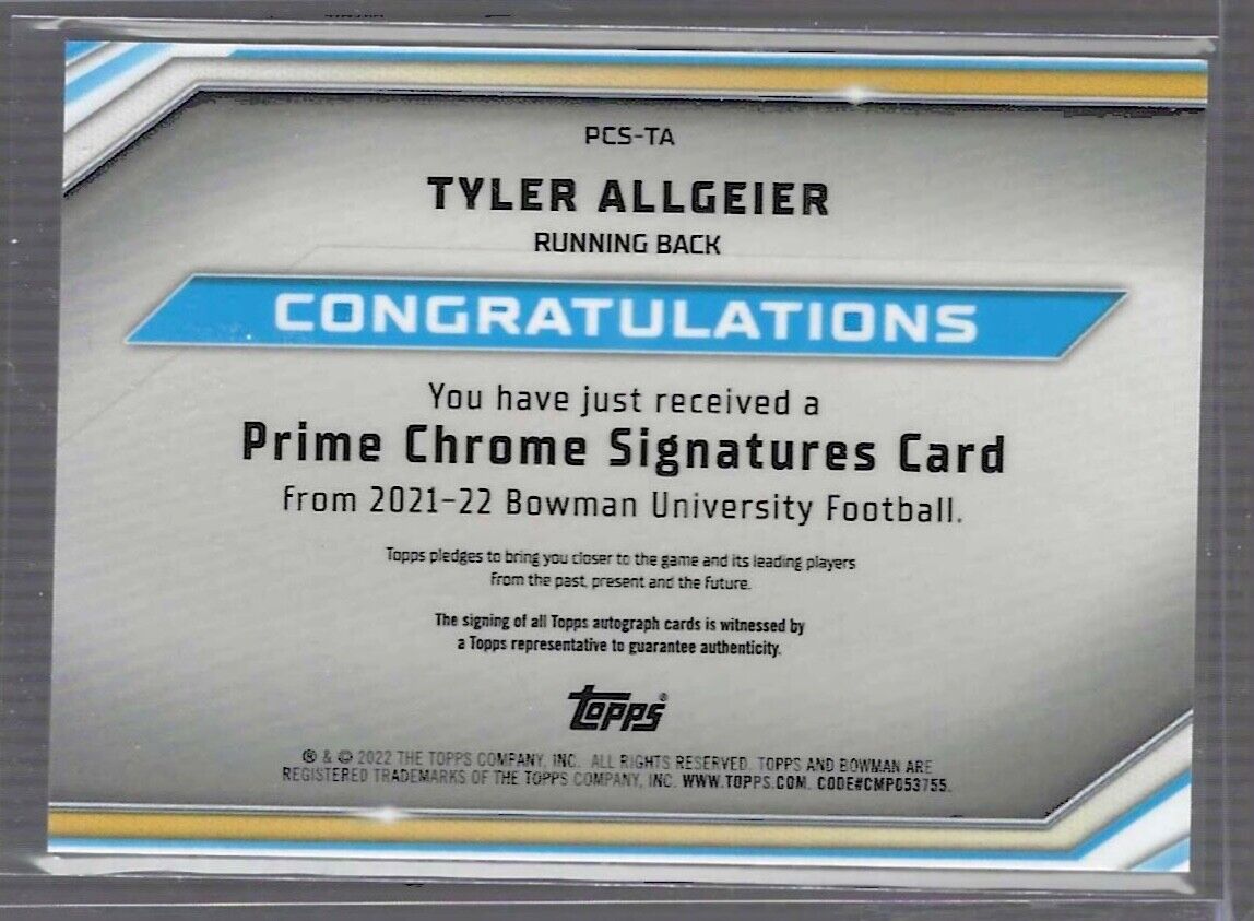 TYLER ALLGEIER 2021 BOWMAN CHROME UNIVERSITY SILVER REFRACTOR PRIME AUTO #D /50