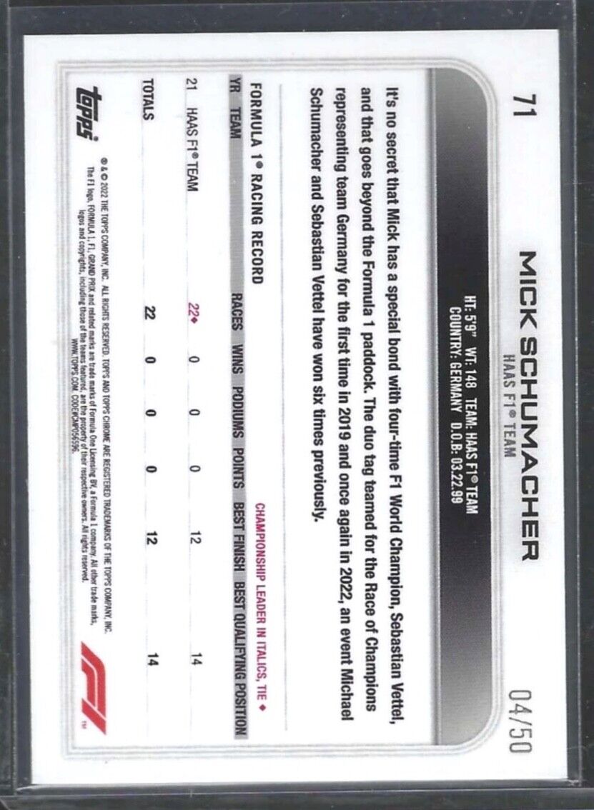 MICK SCHUMACHER 2022 TOPPS CHROME F1 GOLD WAVE REFRACTOR #D 04/50