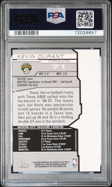 KEVIN DURANT 2007 BOWMAN ELEVATION TRUE ROOKIE RC #D 675/999 PSA 9 MINT