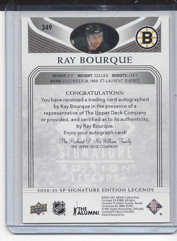 RAY BOURQUE 2020-21 SP SIGNATURE EDITION LEGENDS GOLD ON CARD BRUINS AUTO #D /10