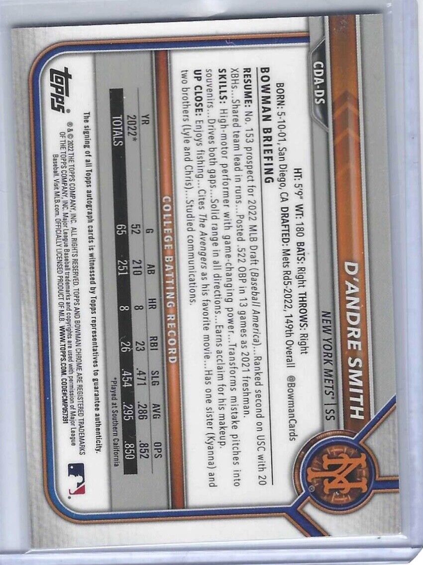 D'ANDRE SMITH 2022 BOWMAN CHROME DRAFT1ST PROSPECT AUTO #CDA-DS