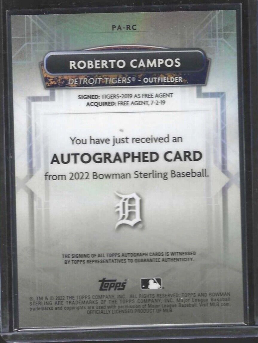 ROBERTO CAMPOS 2022 BOWMAN STERLING ON CARD PROSPECT AUTO #PA-RC