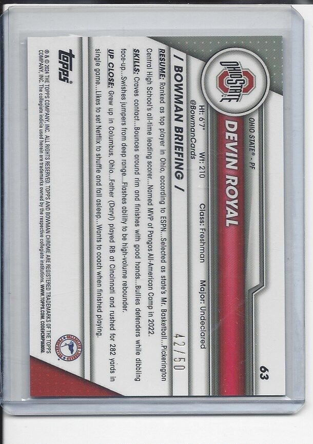 DEVIN ROYAL 2023-24 BOWMAN CHROME UNIVERSITY 1ST GOLD REFRACTOR #D 42/50