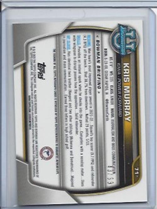 KRIS MURRAY 2023 BOWMAN CHROME 1ST UNIVERSITY GREEN REFRACTOR AUTO RC #D 43/99