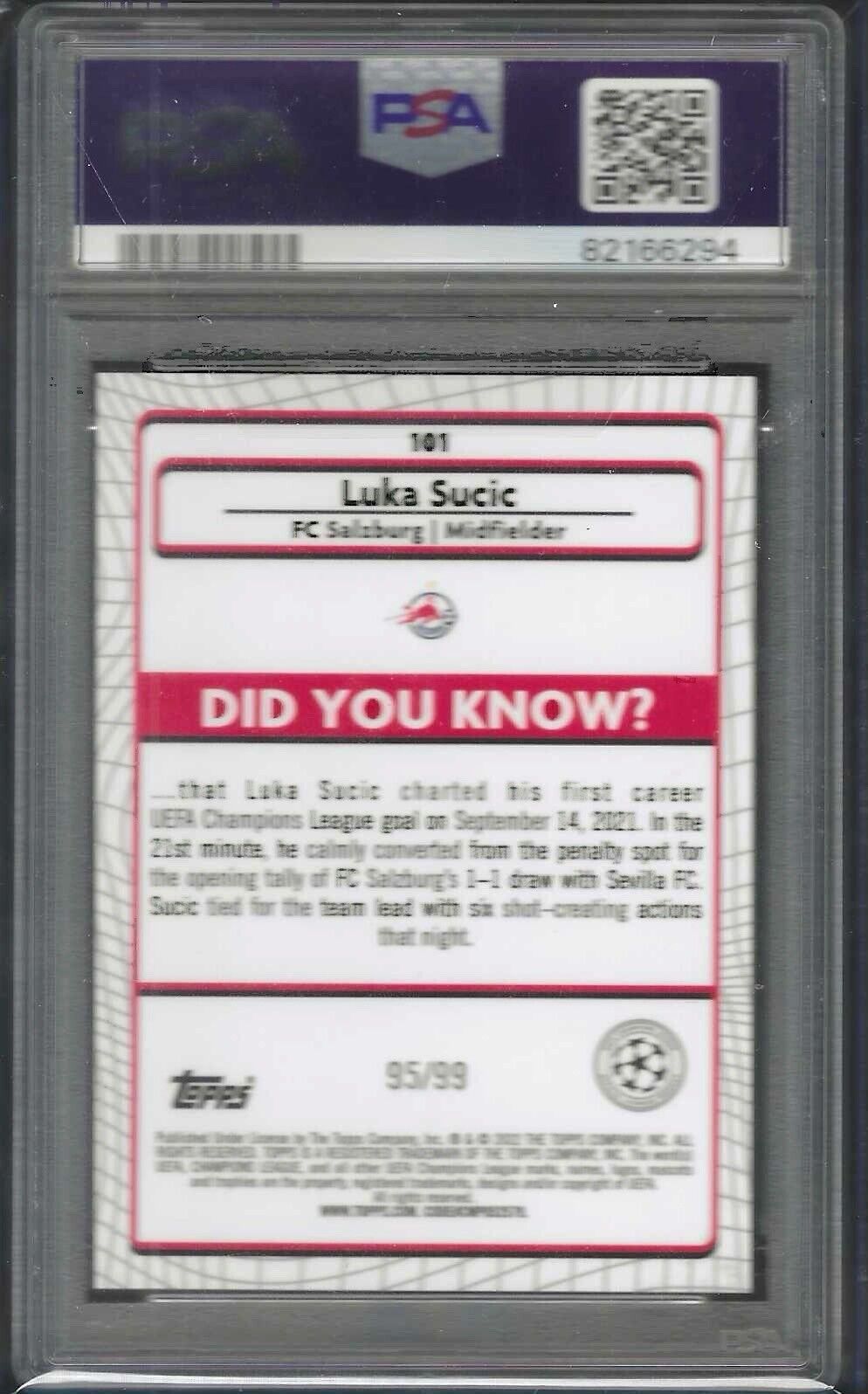 LUKA SUCIC 2021-22 TOPPS MERLIN UEFA GREEN REFRACTOR RC /99 PSA 8 NM POP 1/1