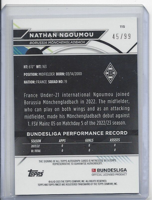 NATHAN NGOUMOU 2022-23 TOPPS FINEST BUNDESLIGA PURPLE REFRACTOR AUTO RC #D 45/99