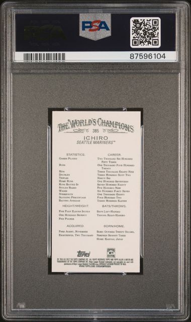 ICHIRO 2022 TOPPS ALLEN & GINTER MINI EXCLUSIVES RIP SP #385 PSA 10 GEM POP 3