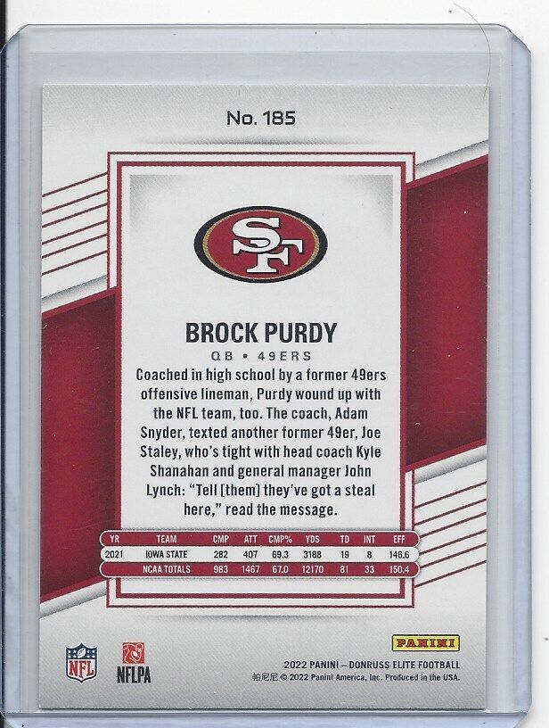 BROCK PURDY 2022 PANINI ELITE TRUE ROOKIE RC #D 202/999