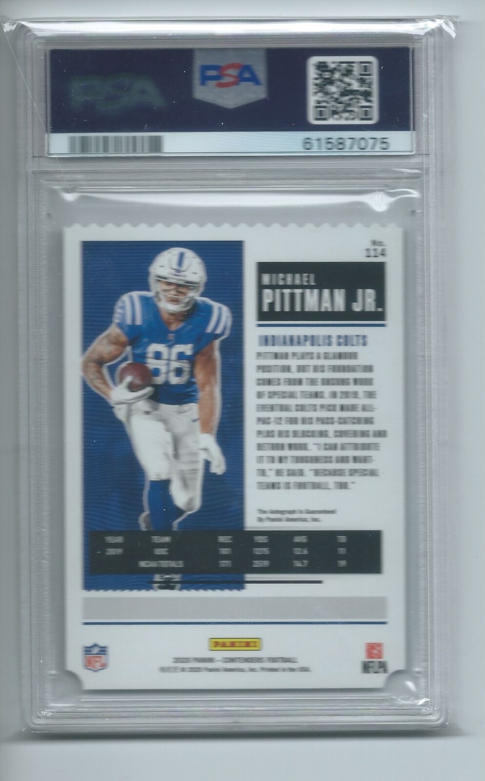 MICHAEL PITTMAN JR 2020 PANINI CONTENDERS STUB ROOKIE TICKET AUTO RC /86 PSA 10
