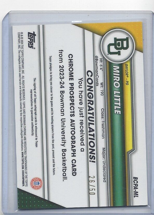 MIRO LITTLE 2023-24 BOWMAN CHROME UNIVERSITY 1ST GOLD LAVA REFRACTOR AUTO #D /50