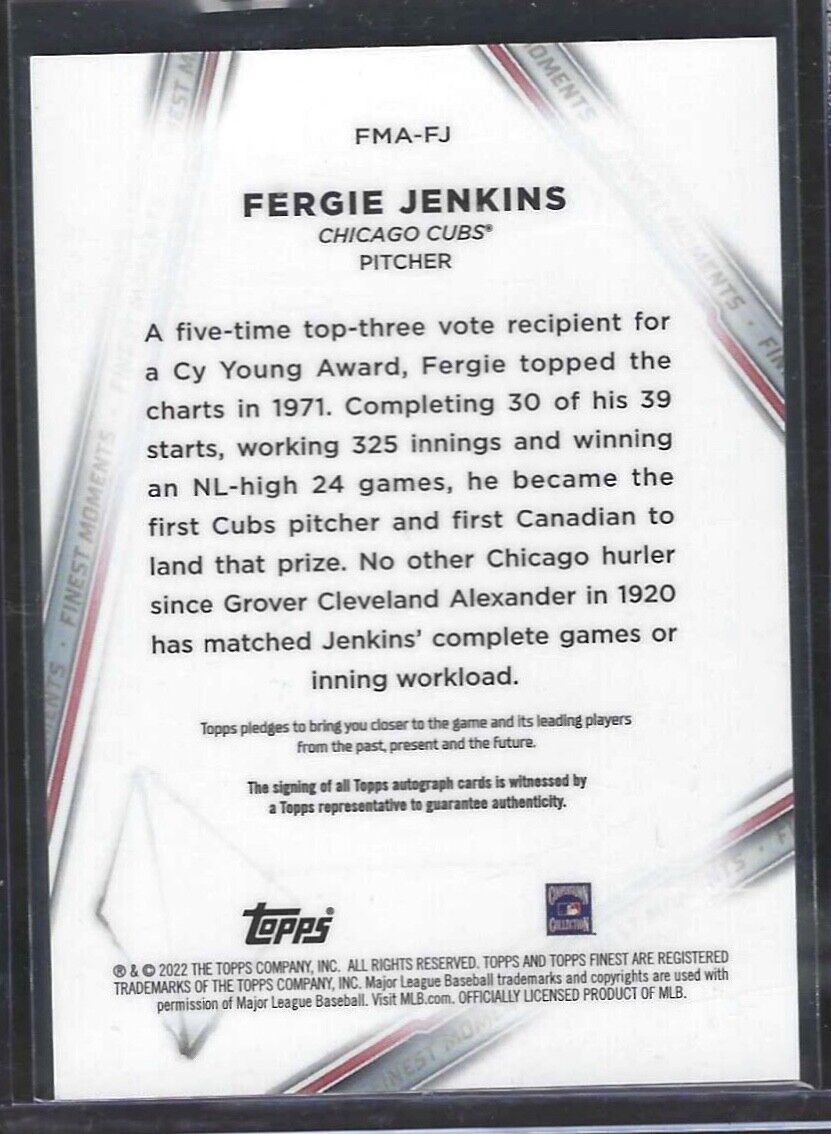FERGIE JENKINS 2022 TOPPS FINEST GOLD REFRACTOR FINEST MOMENTS AUTO #D 10/50