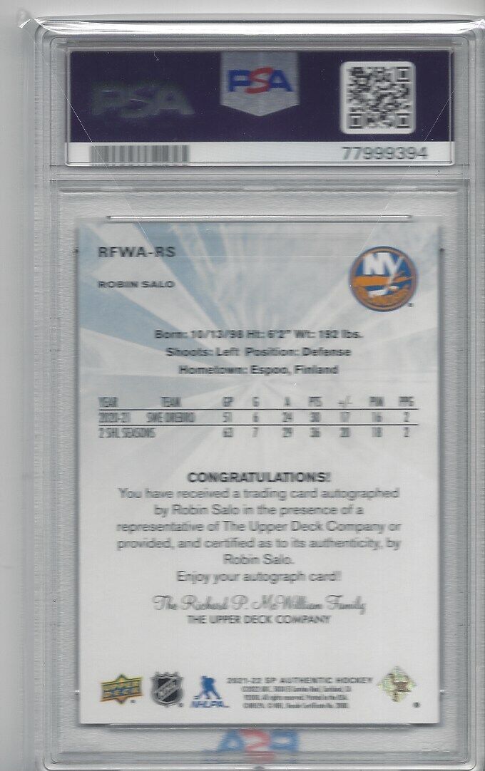 ROBIN SALO 2021 SP AUTHENTIC RETRO FUTURE WATCH AUTO RC /499 PSA 10 GEM POP 1/1