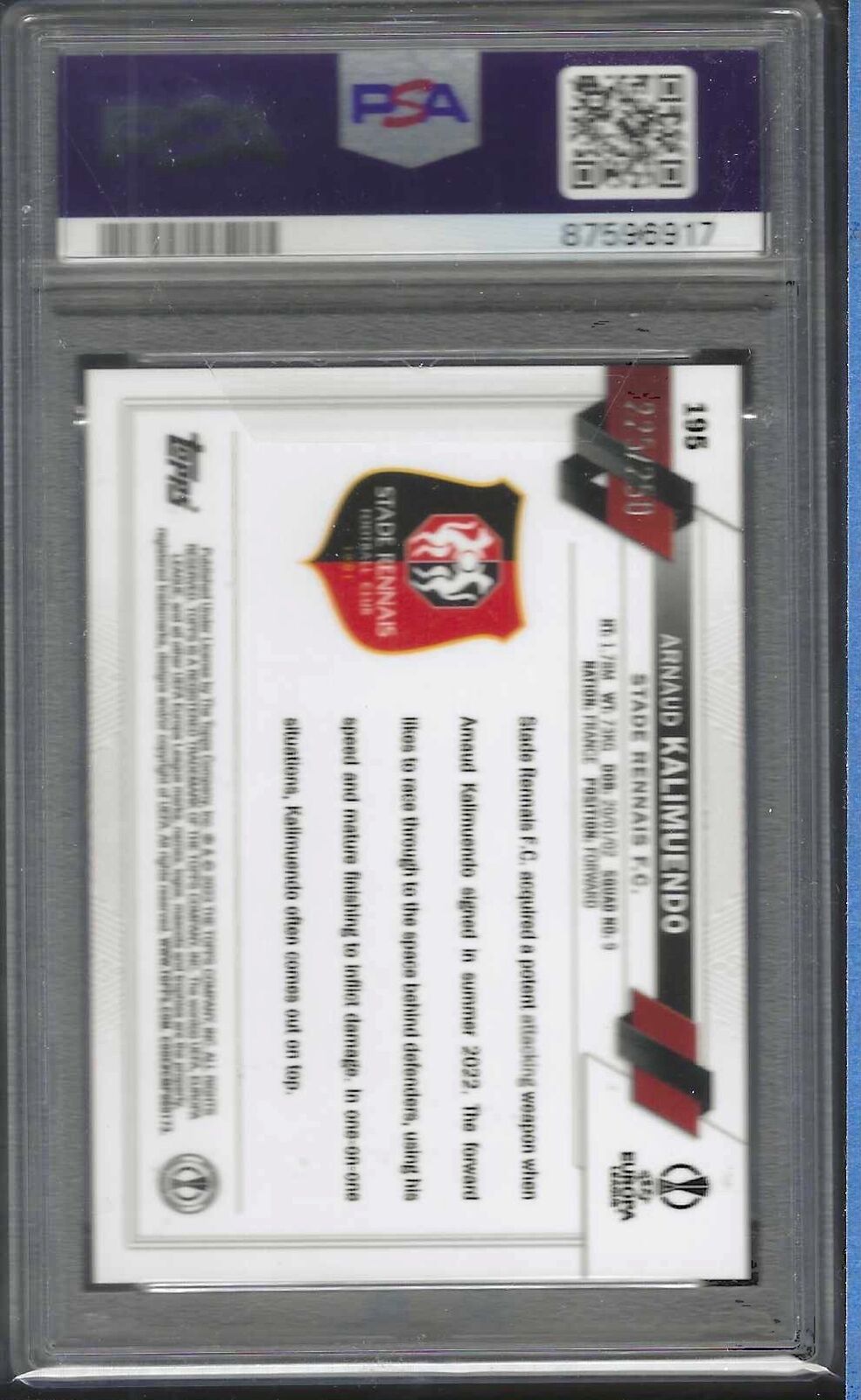 ARNAUD KALIMUENDO 2022-23 TOPPS CHROME PINK X-FRACTOR RC /250 PSA 10 POP 1/1