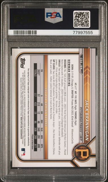 JACK BRANNIGAN 2022 BOWMAN DRAFT CHROME 1ST BLUE WAVE REFRACTOR AUTO /150 PSA 10